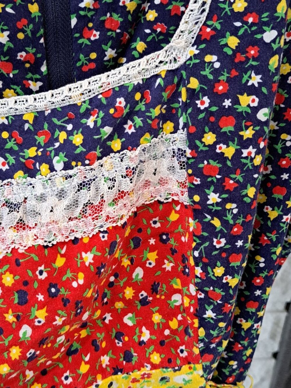 Vintage 70's Floral Patchwork Prairie Maxi Dress Lace Trim Multi-Color S Cotton - Picture 4 of 16